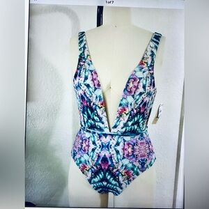 Reef Blue Silver One Piece Swimsuit V-Neck High Cut